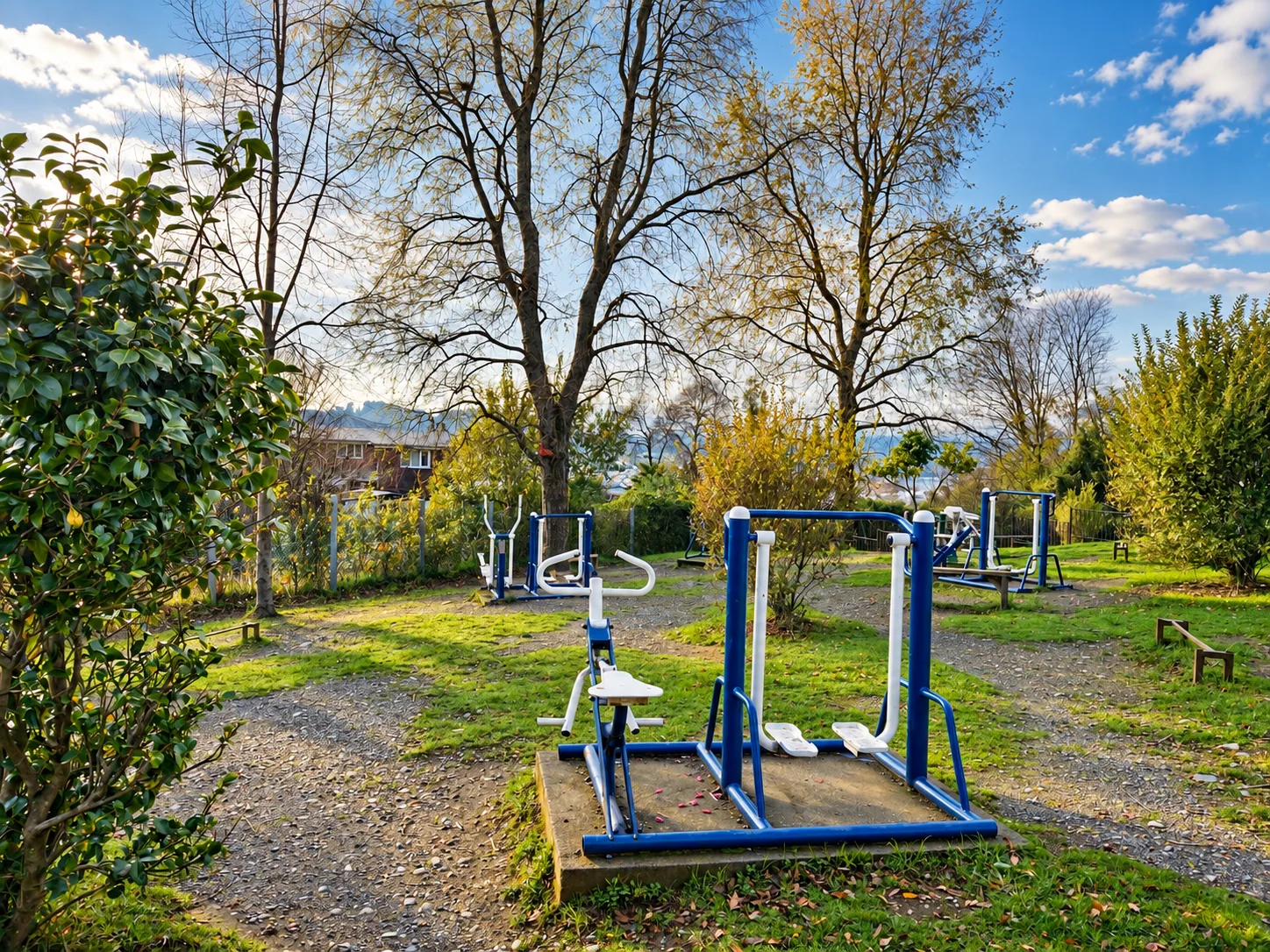 Área de ejercicios al aire libre entre árboles y jardines